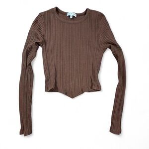 Brown Ribbed Long Sleeve Crop Top Fitted Y2K XS Fitz + Eddi